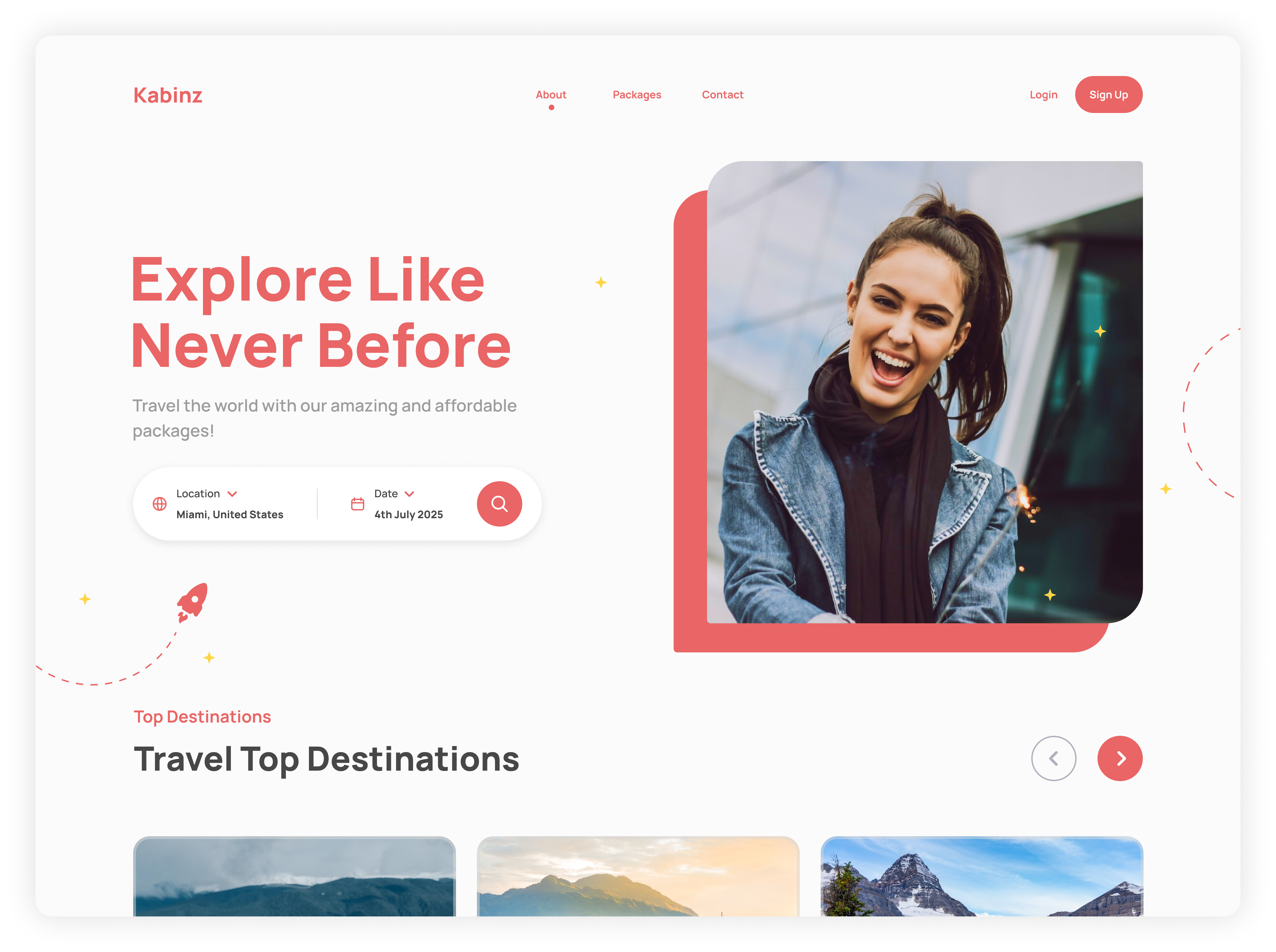 Kabinz - Travel App Landing Page 🚀 adventure agency booking app branding design desktop destination explore homepage hotel app rockets travel travel app travel booking travel landing page trip ui ux web design website