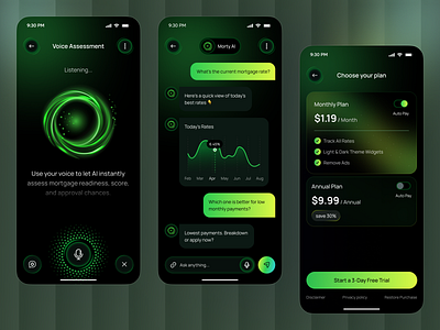 AI Mortgage Rate Tracker App – Smart Finance UI Design ai ai app app design banking app ui design finance app design finance dashboard app fintech mobile app ios mobile mobile app money management ui mortgage app ui mortgage calculator app mortgage tracker app personal finance app smart finance design voice ai app design