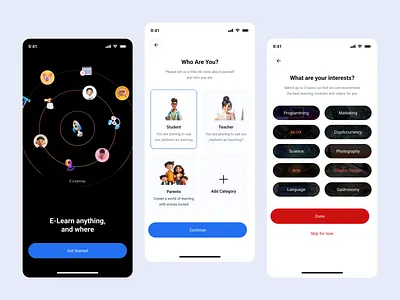 E-Learning Mobile App β Onboarding UI Design app concept app interface app onboarding clean ui course app e learning app edtech app education app learning platform minimal ui mobile app design mobile uiux modern app ui onboarding ui online education student app study app teacher app ui design uiux design