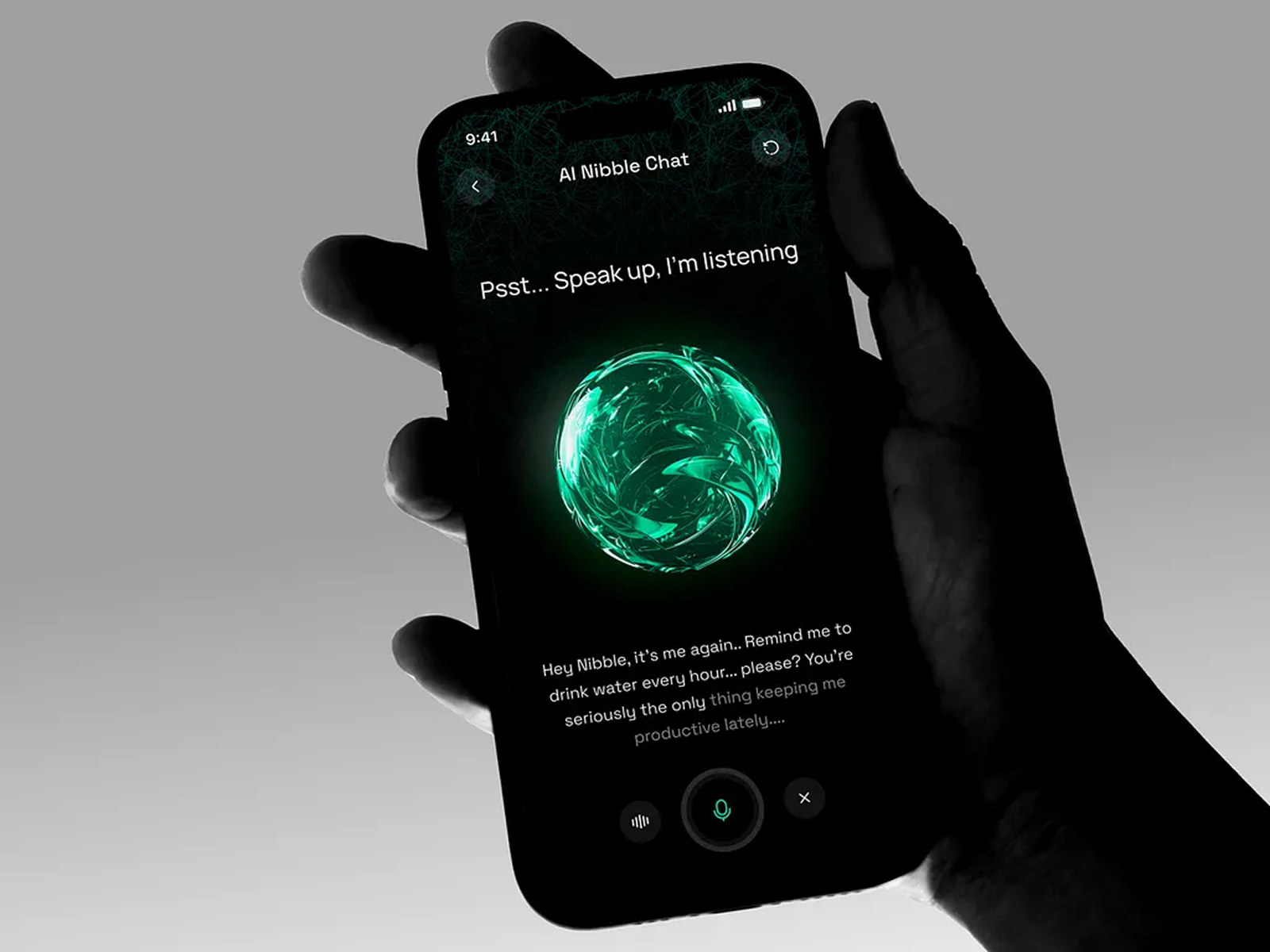 AI Nibble Chat ai ai assistant ai personality app assistant chatbot cyberpunk mobile sci fi interface tech ui uiux ux voice ai voice interface