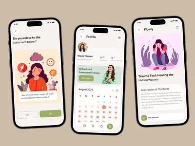 Mental Health & Therapy Support App ai mental health app design app ui assessmentui health assessment healthcareapp illustration mentalhealthapp mentalwellness mindfulnessdesign mobile mobile app mood mood tracker onboarding product design profilescreen selfcareapp therapyapp wellnessapp