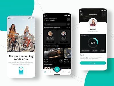 Flatmate Finder App UI/UX Design apartment sharing app design clean design flatmate app home page design housing app matchmaking app minimal mobile app design mobile ui modern app ui onboarding screen profile page room listing app roommate finder ui ui design ux ux design