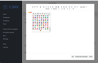 1LimX PC app emojis in rich text editor app app design design emoji emojis icon icons password keeper password manager privacy security ui ui design unicode
