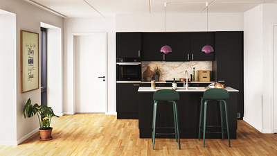 3d Interior Rendering Showcase: Sleek Kitchen with Bold Accents 3d 3d interior 3d rendering interior rendering