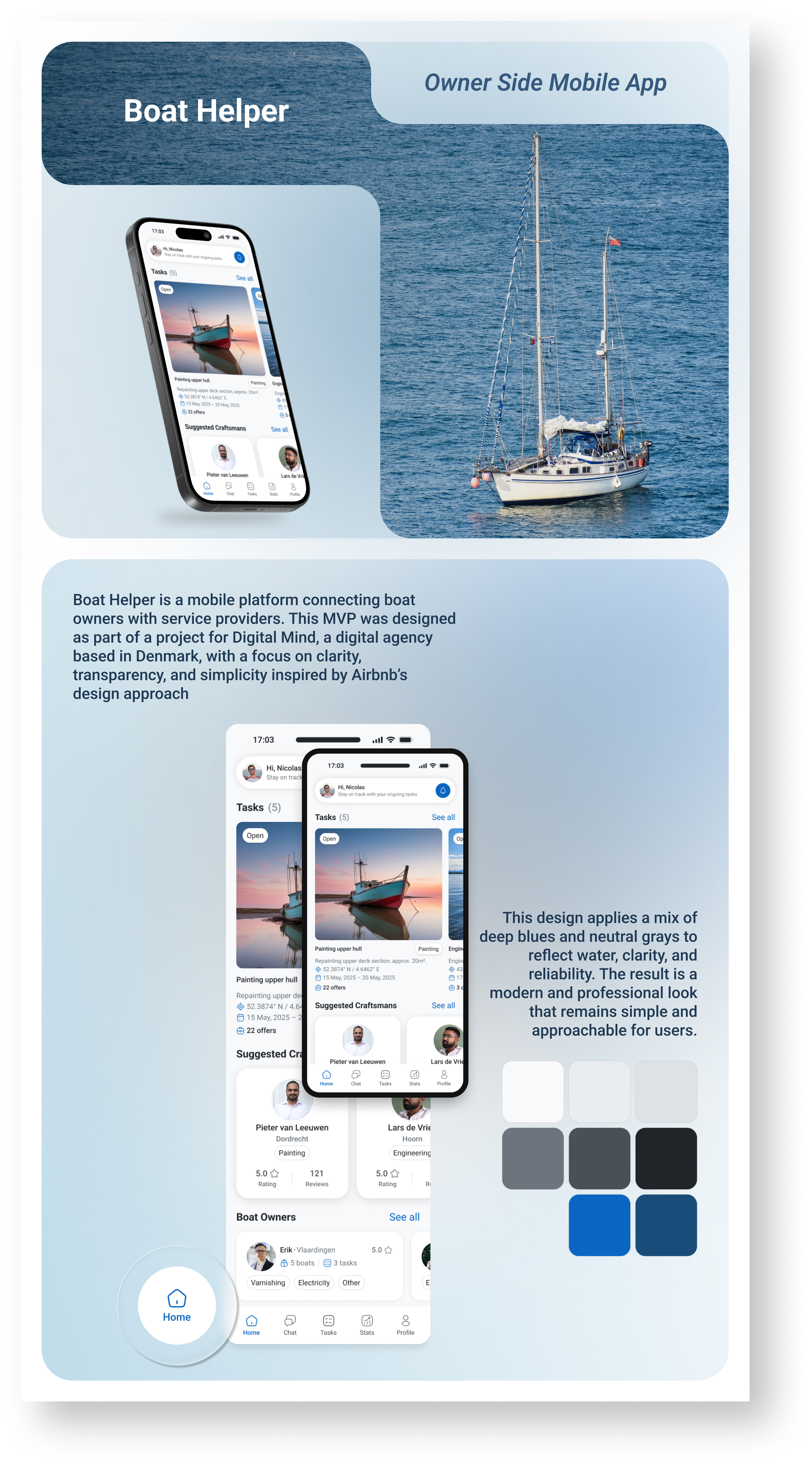 BoatHelper - Mobile app airbnb app design boat clean ui helper interaction design maritime mobile app modern mvp repair service platform task management ui design uiux ux design