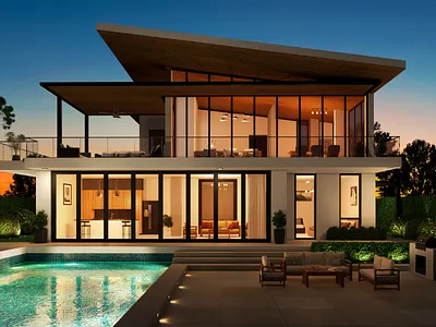 Photorealistic 3D Visualization of Contemporary Poolside Villa 3d exterior rendering 3d rendering architectural rendering architecture visualization cgtech rendering exterior visualization high end rendering luxury home modern architecture photorealistic render poolside architecture