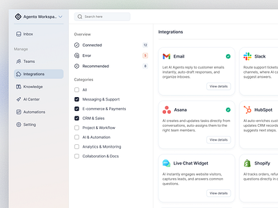 AI Agent: Integration Page ai agent ai agent dashboard ai dashboard ai dashboard design ai integrations best dashboard design crm customer service dashboard dashboard dashboard for ai agent dashboard for customer service dashboard integrations dashboard uiux integration page integrations saas saas dashboard saas dashboard integrations