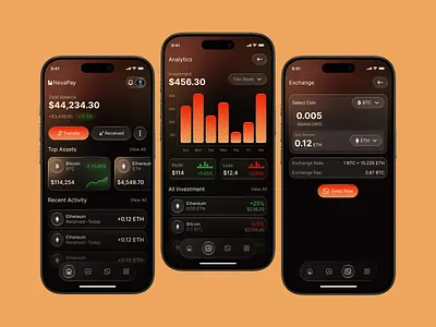 NexaPay Crypto Wallet & Exchange App UI cryptoapp cryptodashboard cryptoexchange cryptowallet darkmodeui dashboarddesign financeapp financeui fintechdesign minimalui mobileappdesign mobileui popular uidesign uiuxdesign uxdesign walletui