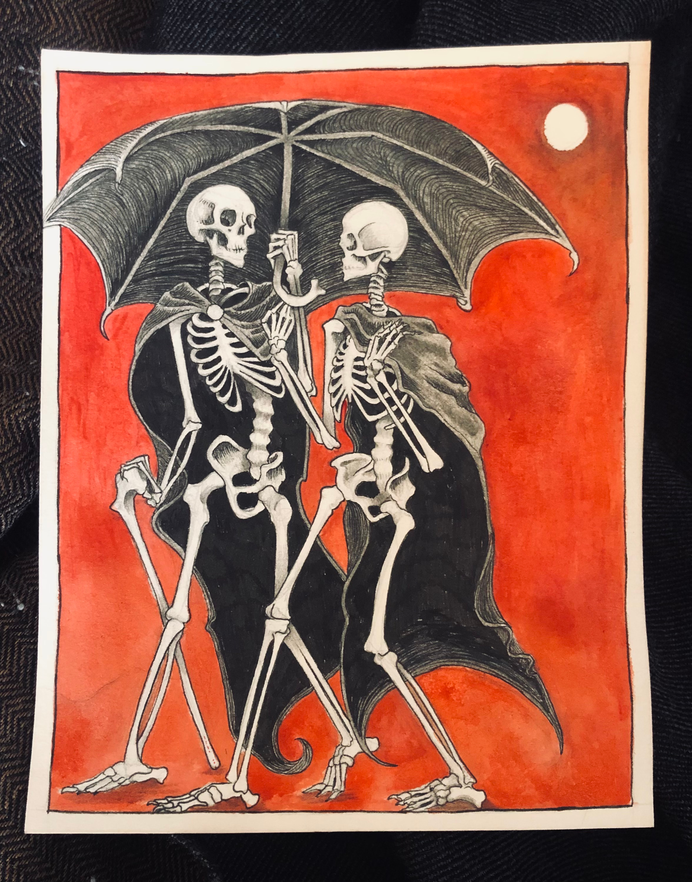 Pen , pencil and watercolour pen and pencil skelatal art watercolour