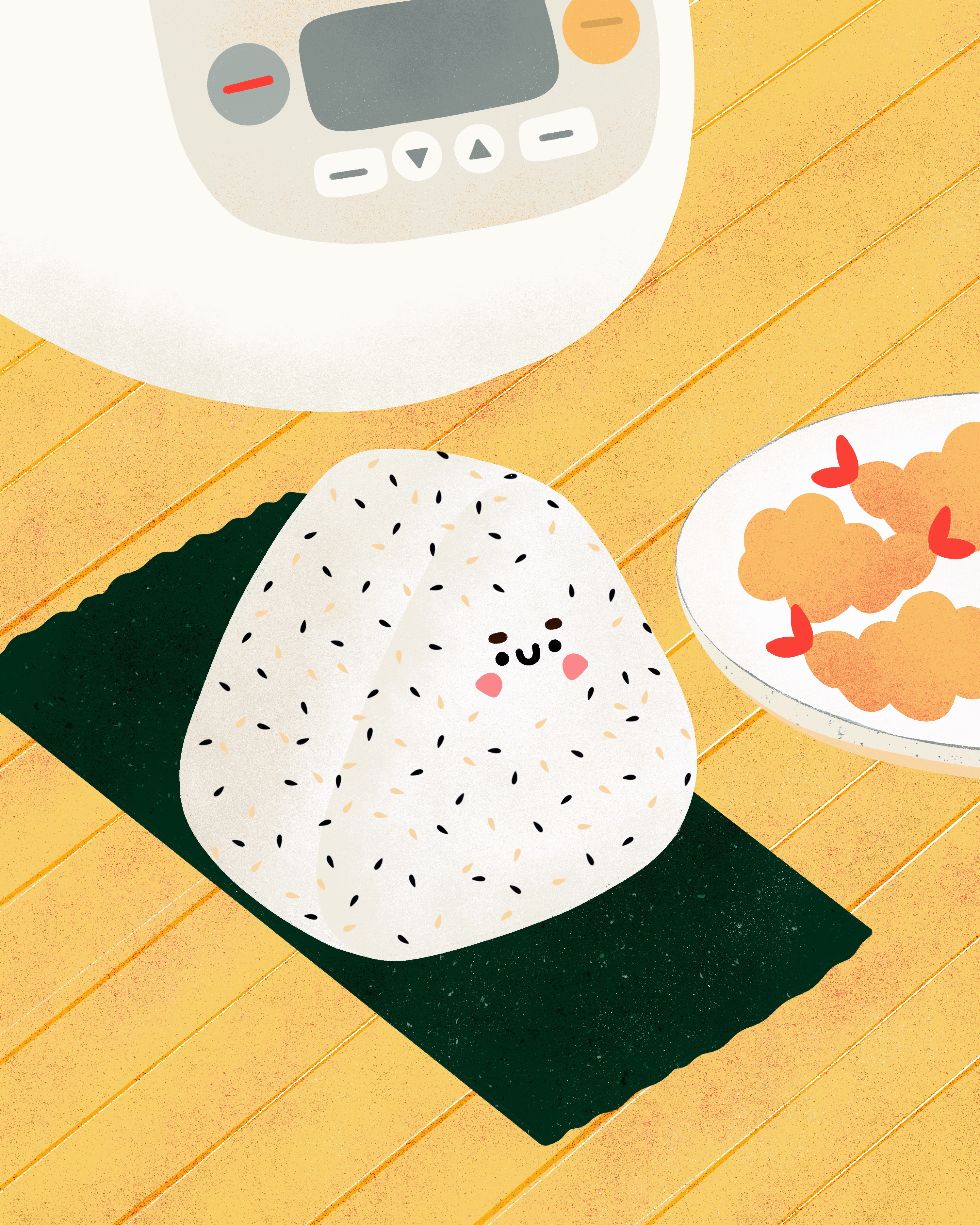 Happy Rice Time: Onigiri with Shrimp Tempura childrens illustration cuisine delicious dish food food illustration foodie graphic design hand drawn happy illustration japanese cuisine kitchen menu onigiri restaurant rice ball rice cooker shrimp tempura table