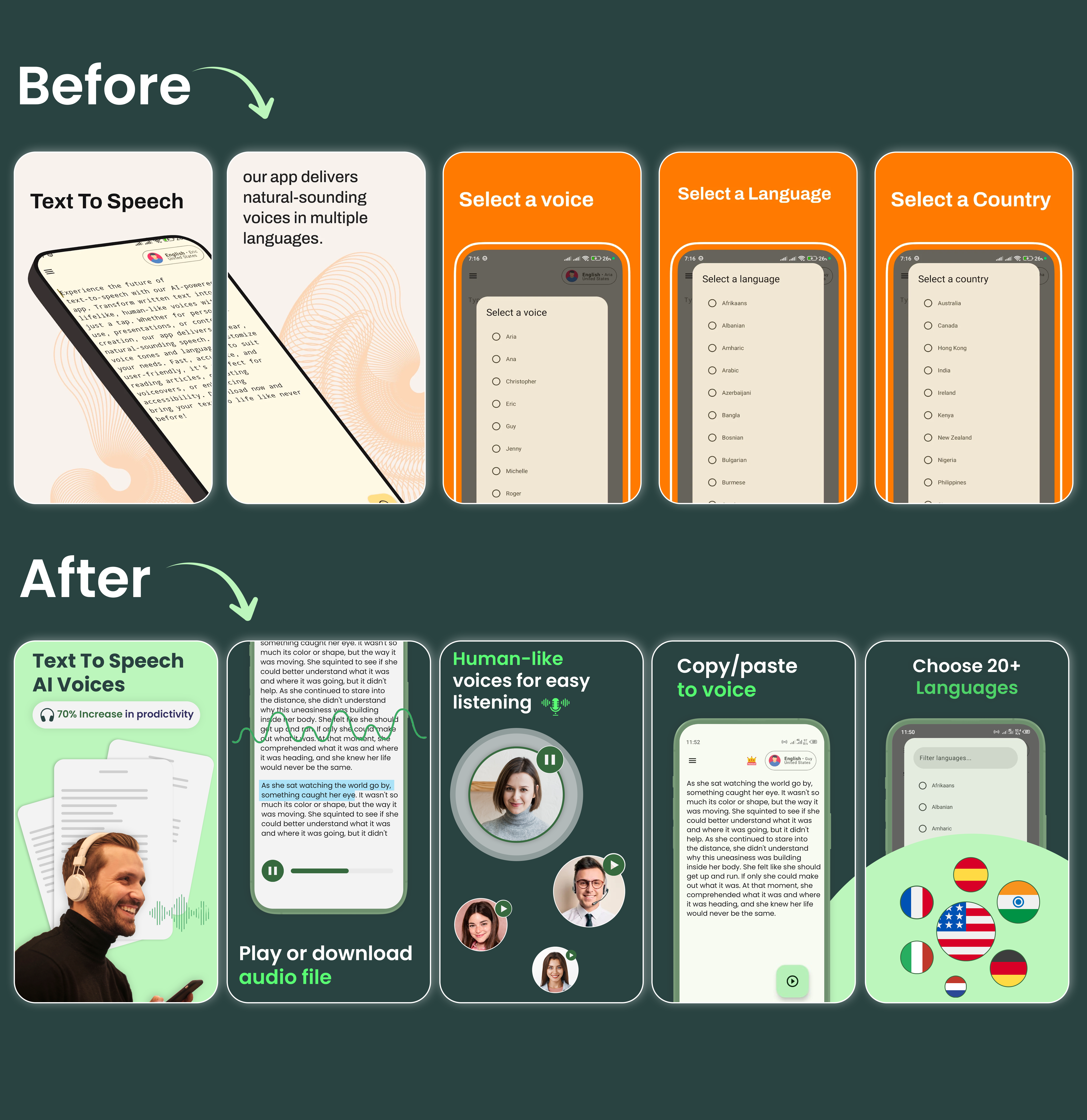 Text to Speech app screenshots app app design app screenshots app store deisgn design feature graphic figma graphic design illustration photoshop play store screenshot text to speech screenshots ui