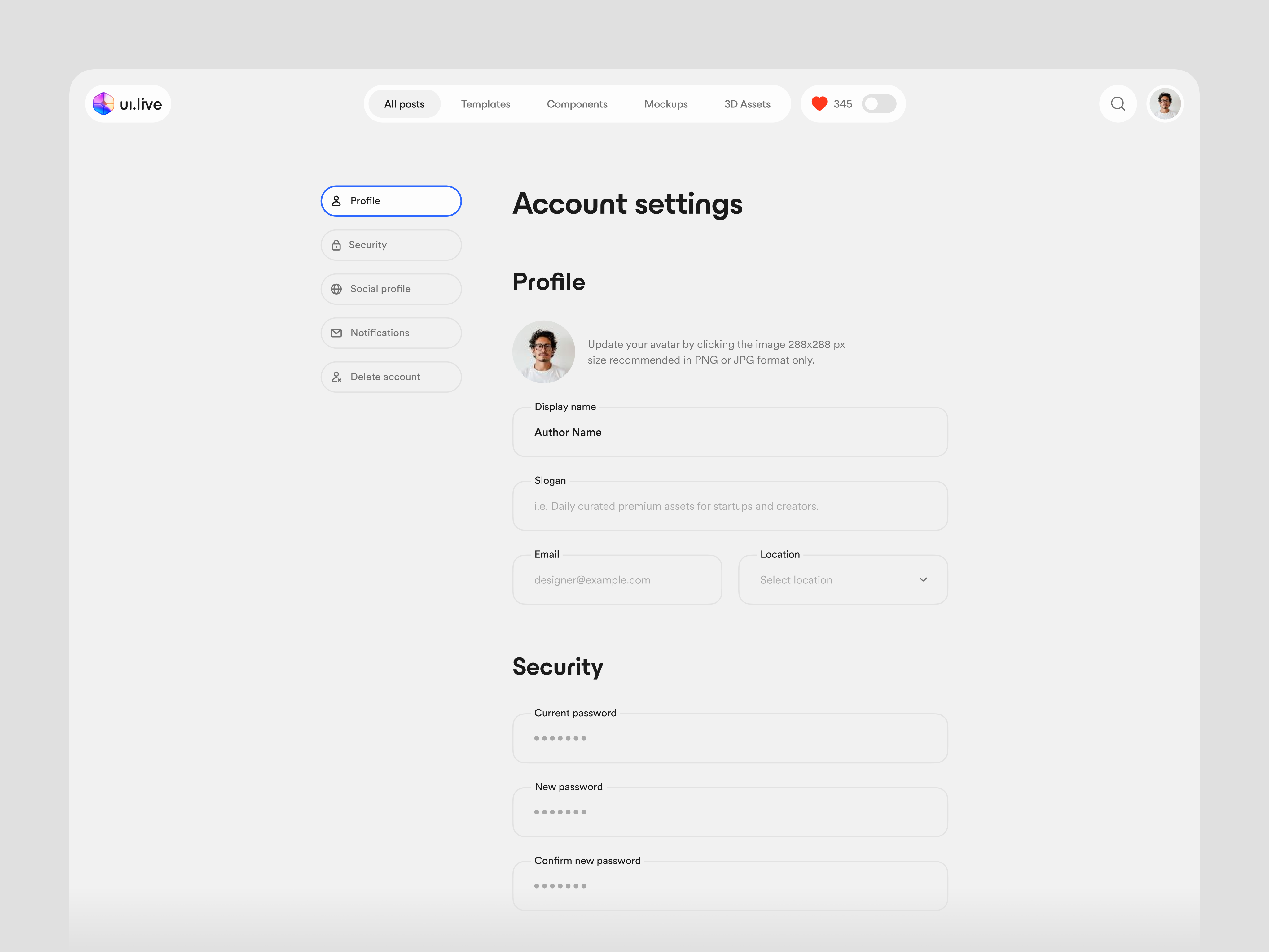 Account Settings for UIlive clean minimal ui ui design ux ux design web design