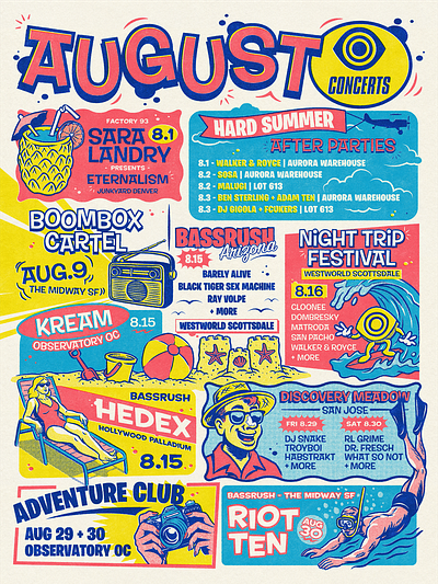 INSOMNIAC - AUGUST CONCERTS CALENDAR art direction graphic design illustration