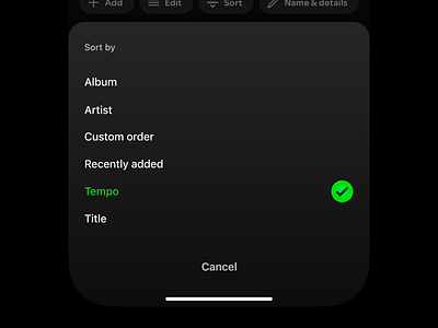 Spotify Sort by Song Tempo Feature Concept b2c check gradient ios iphone menu mobile modal music option sheet song sort spotify streaming tempo ui ux