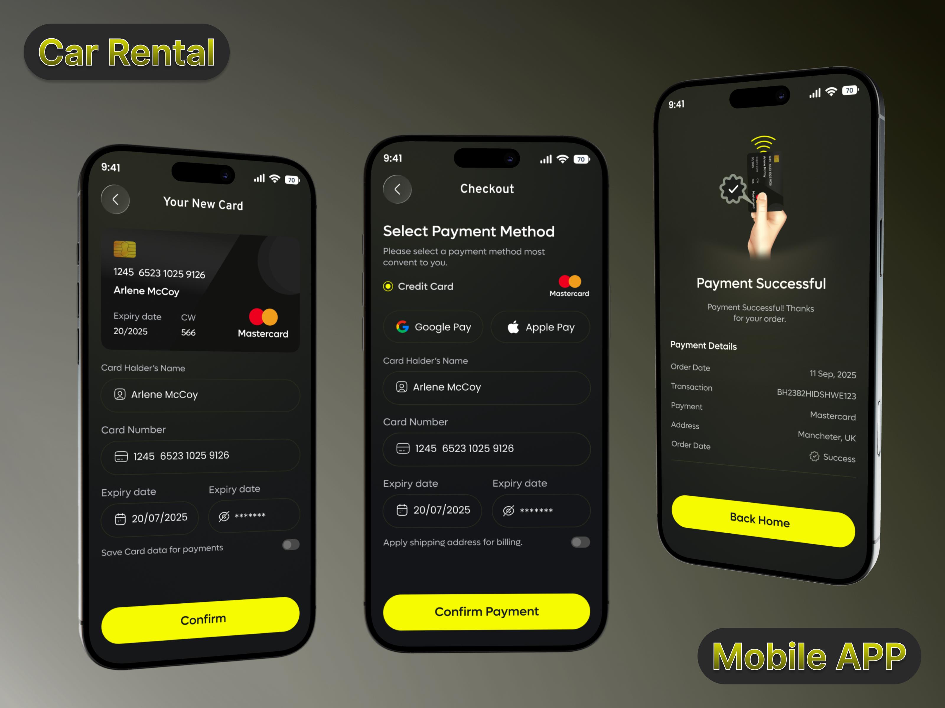 Car Rental Payment Mobile App – UI/UX Design app concept app interface app ui booking app car rental checkout design clean design dark theme dribbble shot fintech ui minimal design mobile app design mobile ui modern app payment app rental app travel app ui design uiux ux design
