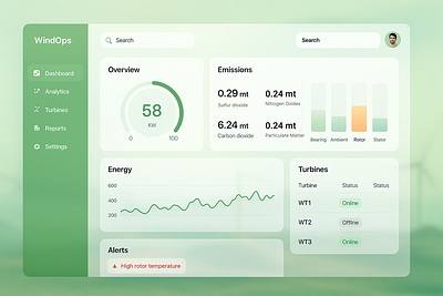 WindOps — Clean Energy Dashboard admin dashboard analytics charts climate tech climatetech co2e components dashboard dataviz energy analytics iot monitoring operations dashboard renewable energy saas uidesign visualization web app wind energy windenergy