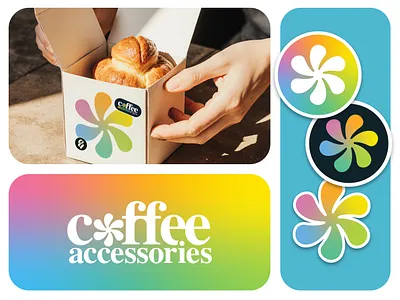 Coffee accessories logo accessories bento branding coffee flower gradient graphic design logo packing rainbow sticker