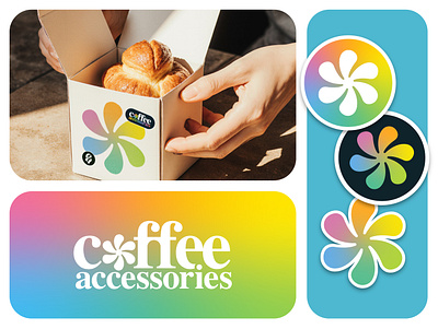Coffee accessories logo accessories bento branding coffee flower gradient graphic design logo packing rainbow sticker