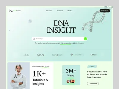 Biotech & Healthcare Website Header UI Design biotech ui biotechnology clean design dna research framer healthcare healthcare design landing page medical website modern ui professional ui research journal science platform ui ux web concept webflow website wordpress