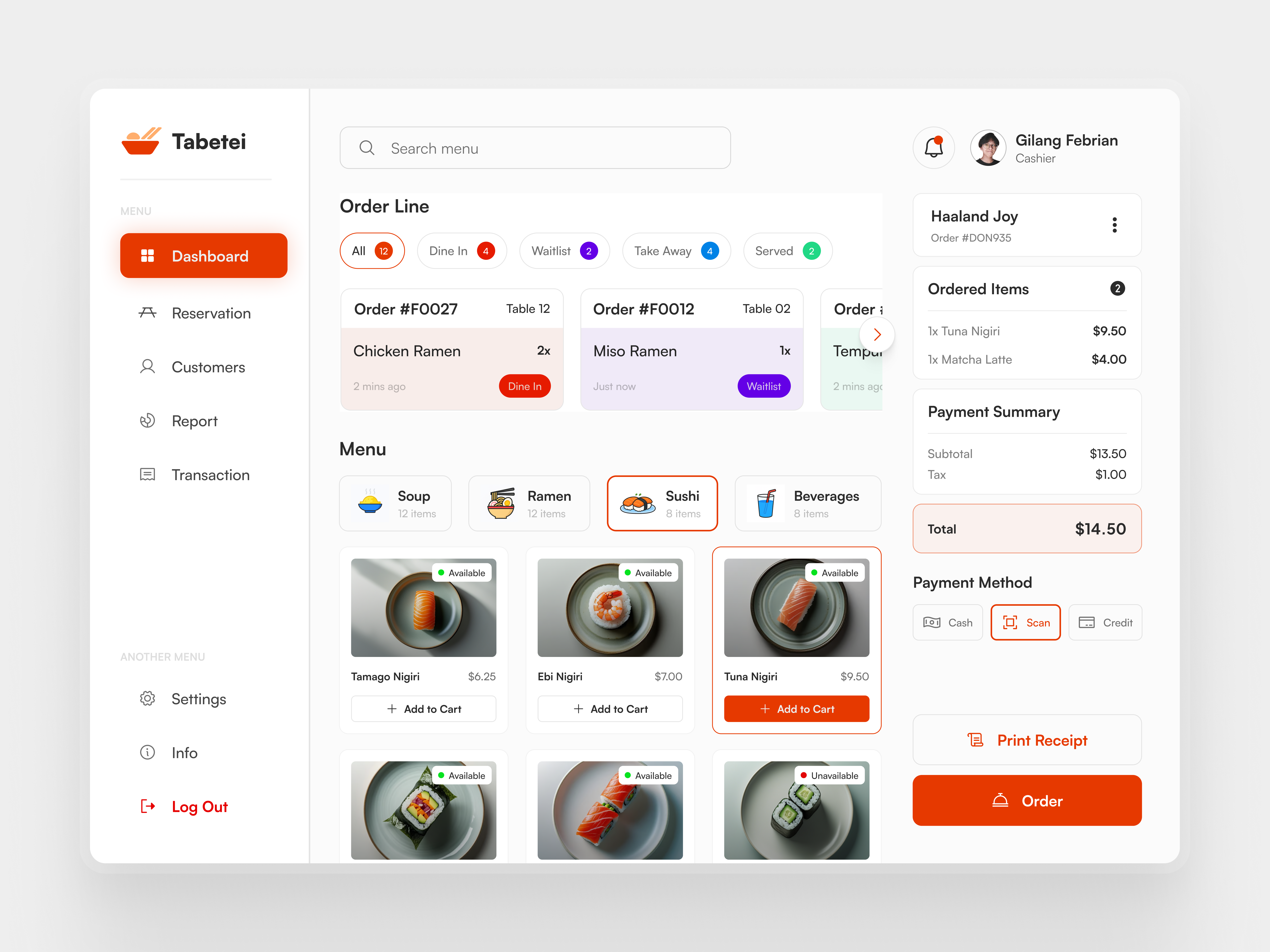 Tabetei — Streamlined POS Dashboard for Japanese Restaurants cashier dashboard dashboardpos design figma fnb food graphic design japanese orange point of sales pos restaurant ui uidesign uiux uiuxdesign ux uxdesign website