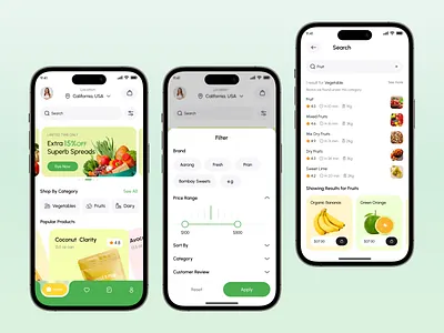 Smart - Grocery Mobile App UI/UX ai app ecommerce app filter page food grocery app home page ios minimal design mobile mobile app modern ui offer banner online shopping product page retail app search page shopping app smart buy uidesign uiux