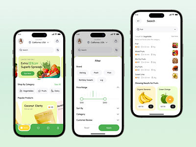 Smart - Grocery Mobile App UI/UX ai app ecommerce app filter page food grocery app home page ios minimal design mobile mobile app modern ui offer banner online shopping product page retail app search page shopping app smart buy uidesign uiux