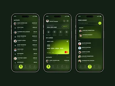 Mobile Banking App UI Design app design banking app card management dark mode ui digital wallet experimental color finance app finance dashboard finance technology fintech app fintech ui mobile app concept mobile banking mobile ui design mobile ux modern ui design money transfer payment app ui ux design user interface