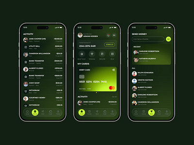 Mobile Banking App UI Design app design banking app card management dark mode ui digital wallet experimental color finance app finance dashboard finance technology fintech app fintech ui mobile app concept mobile banking mobile ui design mobile ux modern ui design money transfer payment app ui ux design user interface