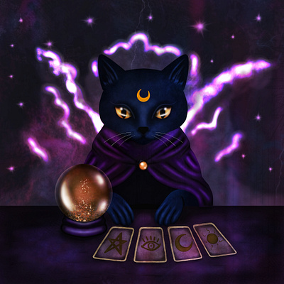 The Fortune Teller 🔮 ✨ animal illustration book cover book illustration cat crystal ball dark fortune teller halloween illustration kitty magic poster purple sketchbook spooky season tarot tarot deck whimsical witch