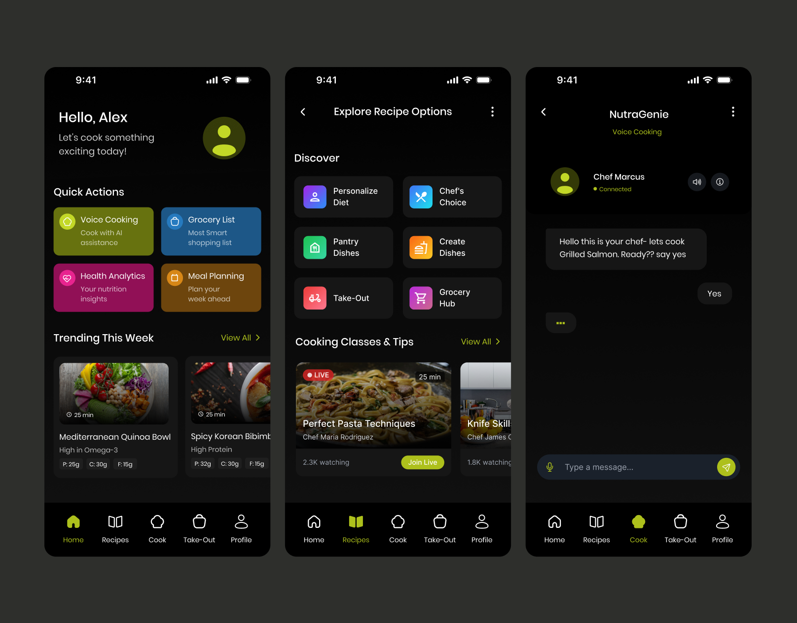 UI Design for an AI Cooking App ai aiapp app appdesign apple appstore cooking dark darkmode digital graphic design screen ui user user experience user interface ux web