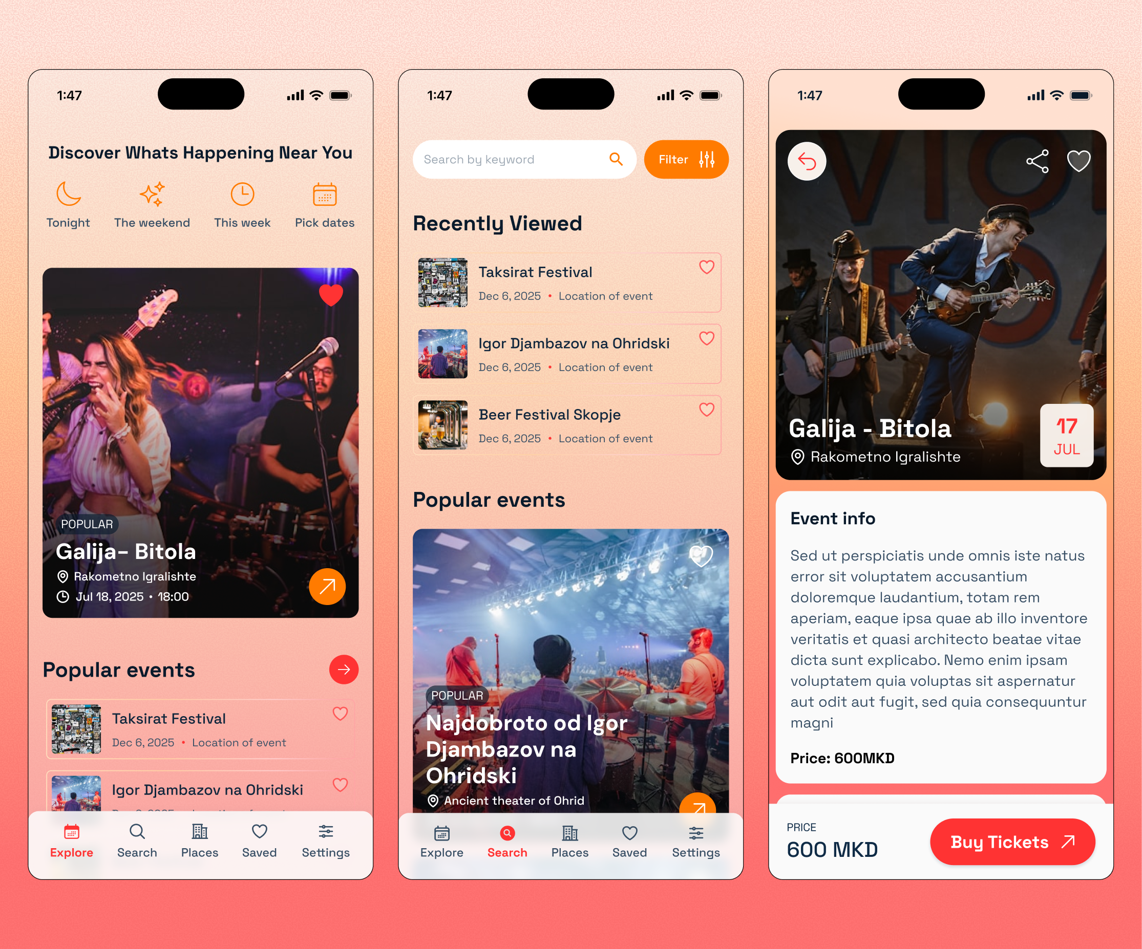 🎟️ Events & Places Discovery App – Dark & Light UI app design clean ui concept concerts concerts app dark mode design inspiration event app event discovery light and dark mode local events mobile app modern design music tickets app ui ui design ux design