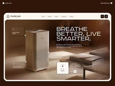 Smart Air Purifier Product Landing Page animation clean ui design conversion focused design creative landing page ecommerce landing page figma design high converting landing page homepage design minimal website product landing page product launch design product showcase ui responsive landing page smart home ecommerce design smart product website technology landing page ui design ux design webdesign