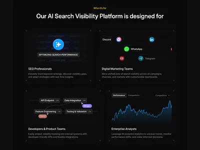 AI Search Platform Website: Target Audience Section ai search analytics api integration b2b bento chart dark mode design feature illustration landing page marketing platform saas saas landing page saas web design seo uiux web design website