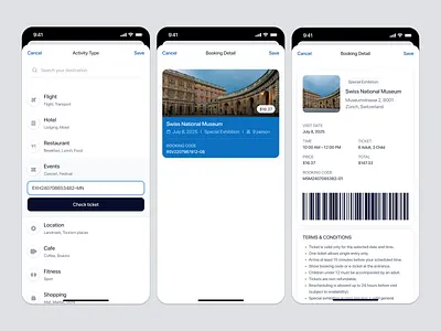Travel & Booking App: Event Ticket Flow app design booking booking summary event booking event ticketing invitr kldfv product design saas ticket ticket book ticket confirmation ticket details ticketing travel travel app travel planning ui uiux ux
