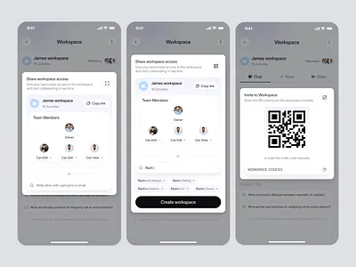 Collaboration App: Workspace Sharing & Invite Flow collaboration collaboration tool dc graphic design invite invite permissions design invite member link sharing mobile app modal pop up product design productivity productivity app qr code scan team management uiux workspace workspace sharing