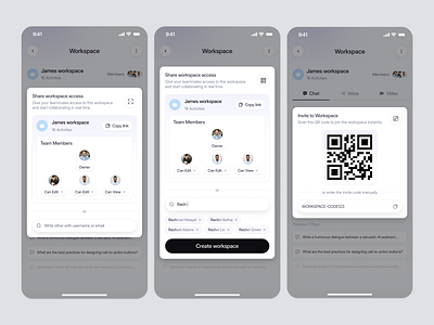 Collaboration App: Workspace Sharing & Invite Flow collaboration collaboration tool dc graphic design invite invite permissions design invite member link sharing mobile app modal pop up product design productivity productivity app qr code scan team management uiux workspace workspace sharing