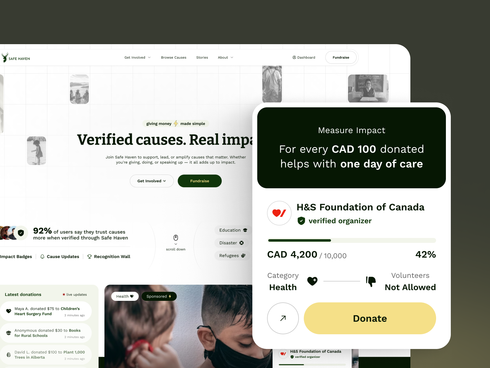 Safe Haven: Charity Organizer charity donate donation figma health impact landing page non profit organize ui ux volunteer website