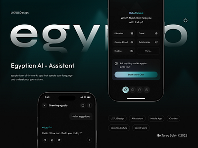 egypto – AI Egyptian Assistant Mobile App UX/UI Case Study 2025 ai ai assistant artificial intelliegence branding chatbot dark theme egypt egyptian culture figma graphic design logo mobile app pyramids ui ux