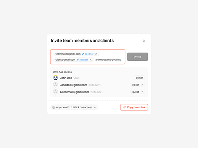 Team invite modal for SAAS accesscontrol cleanui collaborationtool dashboard inviteflow productdesign saas teamcollaboration uiinspiration uiux userexperience webapp workflow