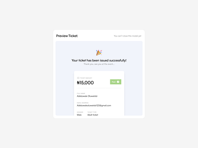 Ticket Purchase Successful Modal cleanui confirmationmodal digitalticket eventapp figmadesign interactiondesign microinteraction minimaldesign modaldesign previewui productdesign saas successscreen ticketing uiinspiration uiux userinterface uxdesign webdesign