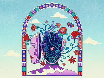Out of my Head - into Nature 70s colorful commercial illustrator decorative border editorial illustration flowers illustration lively scout mental health nature pattern positive vibes psychedelic retro vintage illustration vintage style