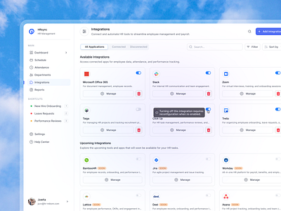 HRsync — Integrations Page HR Dashboard card clean design dashboard icon integrations integrations page integrations setting logo minimal preferences product design saas saas dashboard saas design settings settings page ui design uiux web design workflows