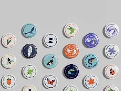Biodiversity Day Buttons for UBC Botanical Gardens animals badge bat bee button design flower frog ill illustration orca owl pin salmon