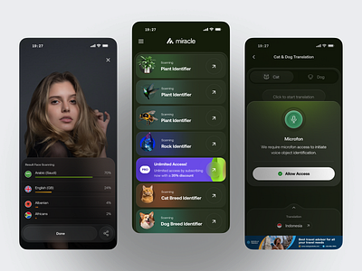 Smart Identifier App - Miracle ai app ar artificial intelegence audio clean dark dark ui future gradient graphic design identifier mobile app modern scanner smart app ui ux