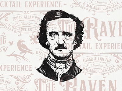 The Raven Cocktail Experience art branding branding design edgar allan poe etching graphic design hand drawn illustration logo logo design portrait portrait illustration raven retro logo typeface typography victorian victorian logo victorian typography vintage logo