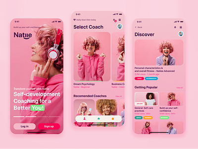 Natiie - Your Self-improvement Assitant appdesign coach coaching courses design growth health improvement inspiration interface pink positive product progress self training ui userinterface well being women