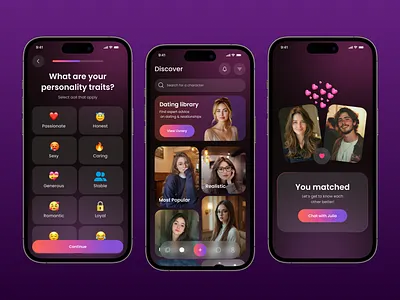 Modern Dating App UI ai dating mobile app app app design chat chatting dating dating app dating mobile app discoverscreen match match finder matching messenger app mobile mobile app motion relationship social media app swipe tinder