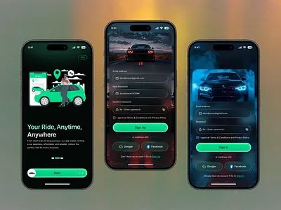 Car Rental Mobile App Sign In & Sign Up Screen app design car booking car rental app cleaninterface dark mode ui design showcase figma design login screen minimal design mobile app design mobility app onboarding ui ride sharing sign up screen transport app trave app ui design ui inspiration user interface ux design