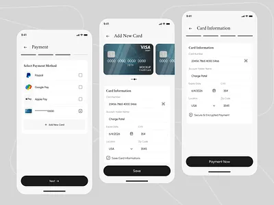 Property Booking App – Payment Flow UI add new card booking app checkout page clean app digital payment mobile app online payment payment payment app payment flow payment method payment screen paymentui