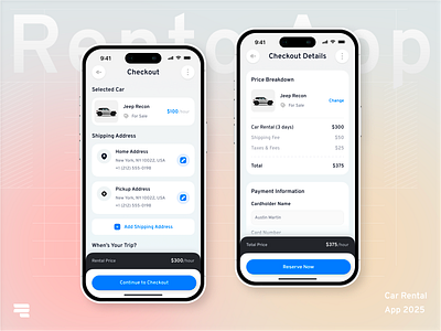 Car Rental Mobile App - Checkout / Checkout Details Screen app design automotive ui booking app car rental app checkout screen clean design figma interaction design ios app minimalist design mobile app design mobile ui modern ui payment flow product design rental app travel app ui design user experience ux design